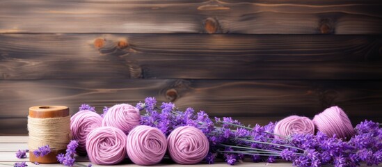 Wall Mural - Lavender and thread on wooden background