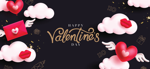Wall Mural - happy valentine's day text vector design. valentine's day greeting card with clouds, love letter fly