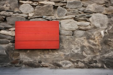 Wall Mural - Red wooden empty board on wall. Stone template space shelf surface. Generate Ai