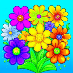 Wall Mural - Ornamental flowers with stems and leaves. Watercolor art on blue background.