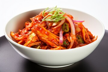 Photo of a bowl of Korean kimchi with vibrant colors against a bright white background. Generative AI