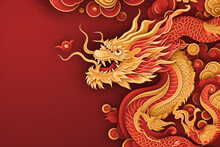 Golden Dragon On Red Background With Copy Space. Chinese New Year Concept.