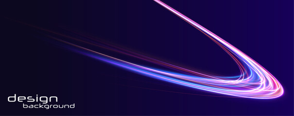 Long exposure of motorways as speed. Neon spiral lines in yellow blue and purple colors. Image of speed motion on the road.	