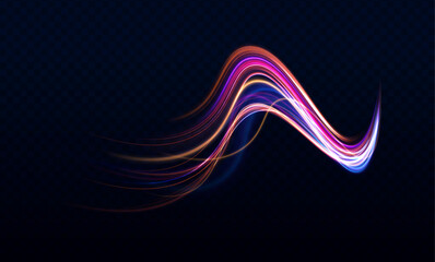 Poster - Vector speed of light in space on dark background. Abstract background in blue, yellow and orange neon colors. Magic of moving fast lines. Laser beams, horizontal light rays. Particle motion effect.