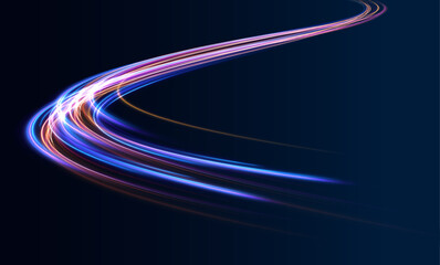 Fototapete - Luminous bright background. High speed effect motion blur night lights blue and red. Magic shining neon light line trails. Purple glowing wave swirl, impulse cable lines. Long time exposure. Vector	