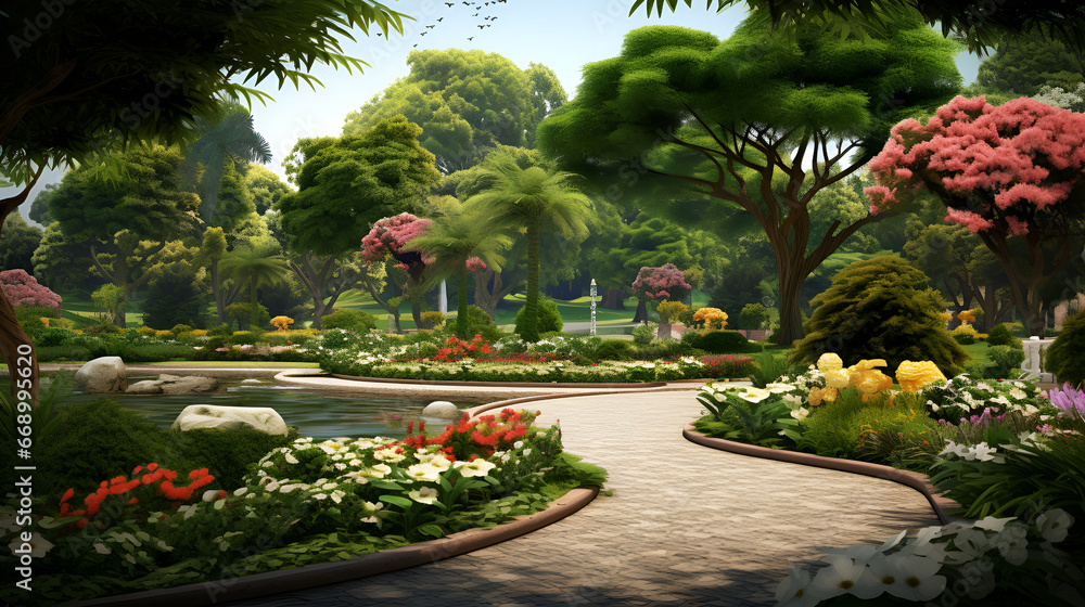 Scenic Pathway in a Park Surrounded by Trees and Flowers Stock ...