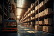 Business, transportation, logistics concept. Industrial distribution warehouse depot full of long and high racks with boxes