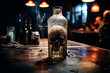An alcohol bottle on a table against an adicttion. The concept of alcohol dependence. A skull empty alcohol bottle on the table with an empty glass partially filled with moonshine