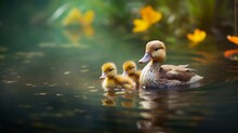 A Family Of Ducklings Taking Their First Swim In A Pond, A Moment Of Discovery And Adventure.