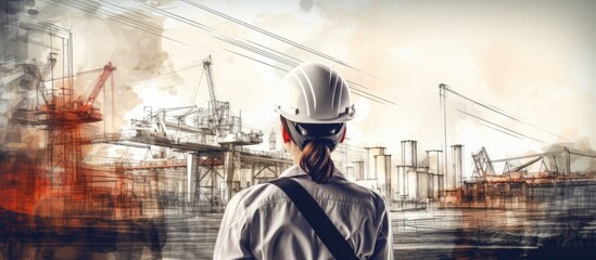 Engineer woman outdoors with sketch on screen seen from behind