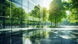 Striking Double Exposure: Corporate Glass Building Embracing Sustainability – ESG Concept with Green Reflections, Business Partner Success, and Trust