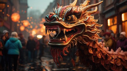 Chinese dragon as a character for the dragon dance at the Chinese New Year festival. Happy new year, Autumn Festival.