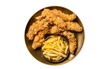 Wall Mural - Dip fried Chicken breast strips with French Fries and sauces. Dark background. Top view