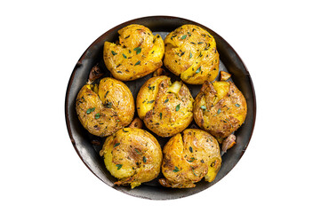 Sticker - Broken potatoes baked in oil with herbs. Black background. Top view