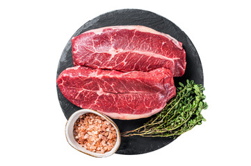 Poster - Raw top blade flat Iron beef organic meat. Gray background. Top View