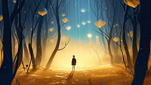 Mystical Foggy Gold Forest With Brick Road, A Little Elf Girl And Fireflies Light Background. Magic Gold Colored Fairytale Woodland, In The Night Forest. Fairy Tale Concept. AI