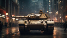 In The Heart Of A Futuristic Metropolis, An Armored Tank Becomes A Symbol Of Power During An Intense War Invasion, Ideal For A Wide Poster With Room For Your Narrative.