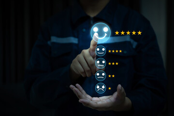 Poster - Hand touch smile face icon for best excellent customer service satisfaction survey feedback for business review rating and best service or finance digital marketing poll or user comment concepts.
