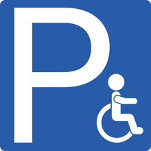Isolated Blue Square Sign Of Disable, Ill, Old, Handicap Person With Pictogram Man On A Wheelchair, For Parking Area, Access Building, Transport Icon