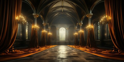  Empty 3d room background illustration - Theater stage with velvet curtains