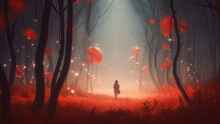 Mystical Foggy Gold Forest With Brick Road, A Little Elf Girl And Fireflies Light Background. Magic Gold Colored Fairytale Woodland, In The Night Forest. Fairy Tale Concept