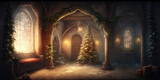 Christmas Tree with Christmas Decoration in old house or fairy tale castle. Beautiful Christmas and New Year Background