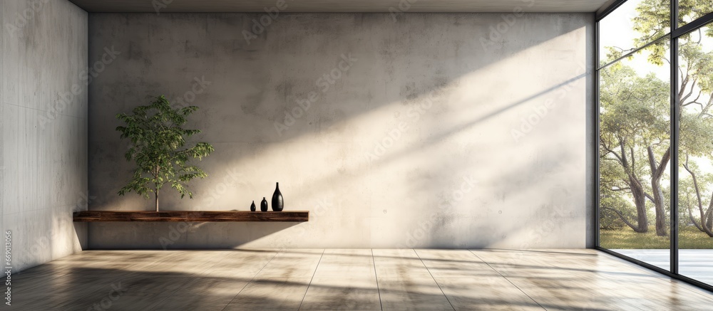AI rendered modern empty hall with nature view concrete floors plank ...