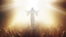 Animation Of Jesus Rising Up To Heaven In Bright Shining Light, Camera Zoom, White Robe, Gold Particles, Followers Bathed In Healing Heavenly Peace
