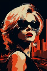 Wall Mural - Portrait of a beautiful fashionable woman with a hairstyle and sunglasses, on a black and red color background. Illustration, poster in style of the 1960s