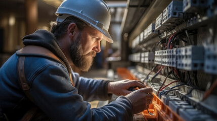 Wall Mural - Electrician working on circuit breaker box at construction site.