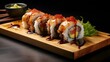 sushi roll with eel and shrimp on wooden board