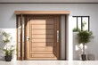 wood front door with white color wall, with small square decorative windows
