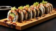 sushi roll with eel and shrimp on wooden board