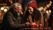  a couple of diverse senior presents each other with carefully chosen Christmas gift boxes, affirming their special bond