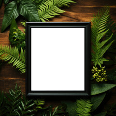  Transparent Blank Canvas with Black Frame on Wood with Plants - Naturalistic Light, Nature-Inspired Imagery Design for Poster Mockup, Realistic Texture and Elegant Interior Presentation