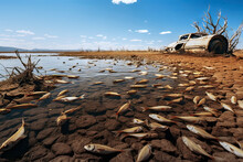 Dystopian Image Of Dead Fish In A Dry Plain With Garbage On The Shore