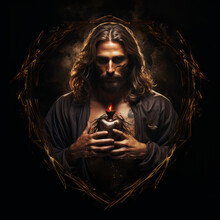 A Realistic Fantasy Jesus In A Heart-shaped Frame On A Black Background, Emotionally Charged And Lovely.