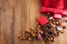 Dutch Holiday Sinterklaas Background With Traditional Sweets And Chocolate Letter.