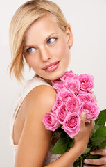 Sticker - Flowers, bouquet and rose with woman in studio for floral, valentines day and romance gift. Plants, beauty and happy with face of female person on white background for elegant, love and present