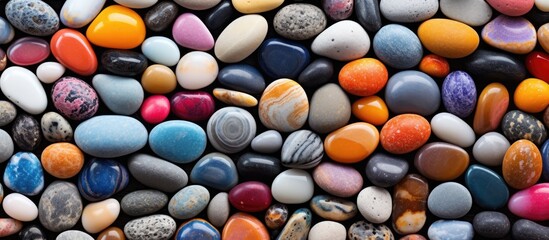 Sticker - Close up texture of small multicolored sea pebble with shell on natural background