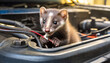Stone marten damaging cables in the engine compartment of a car, generative ai	