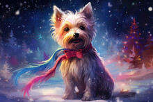 Yorkshire Terrier Dog In The Night, Colorful Christmas Illustration, Snowflakes And Copy Space