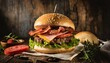Burger gourmet sur fond rustique: Une délicieuse tentation