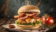 Burger gourmet sur fond rustique: Une délicieuse tentation
