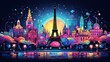 Postcard with night Paris, the Eiffel Tower, geometric neon style