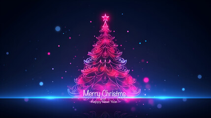 Wall Mural - Happy New Year party poster design with neon color Christmas tree and text Merry Christmas and Happy New Year on dark background with neon bokeh and copy space. Luminosity xmas  decoration.