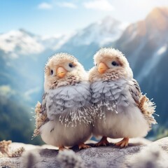 Sticker - Two baby birds sitting on top of a mountain, AI