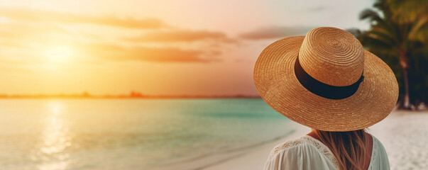 Wall Mural - Unrecognizable woman with straw hat looking at sunset at tropical resort beach, banner with copy space