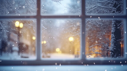 Wall Mural - Window from inside with falling snowflakes and a blur Christmas bokeh background