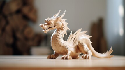 Wall Mural - A wooden dragon figurine as a symbol of chinese new year 2024 on a table, AI